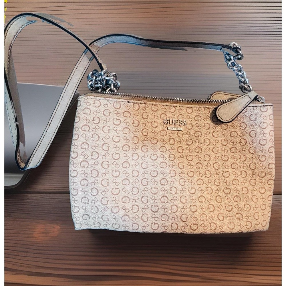 Guess Beige Crossbody Bag Purse Zip Silver Hardware removable, Chain Strap Zip